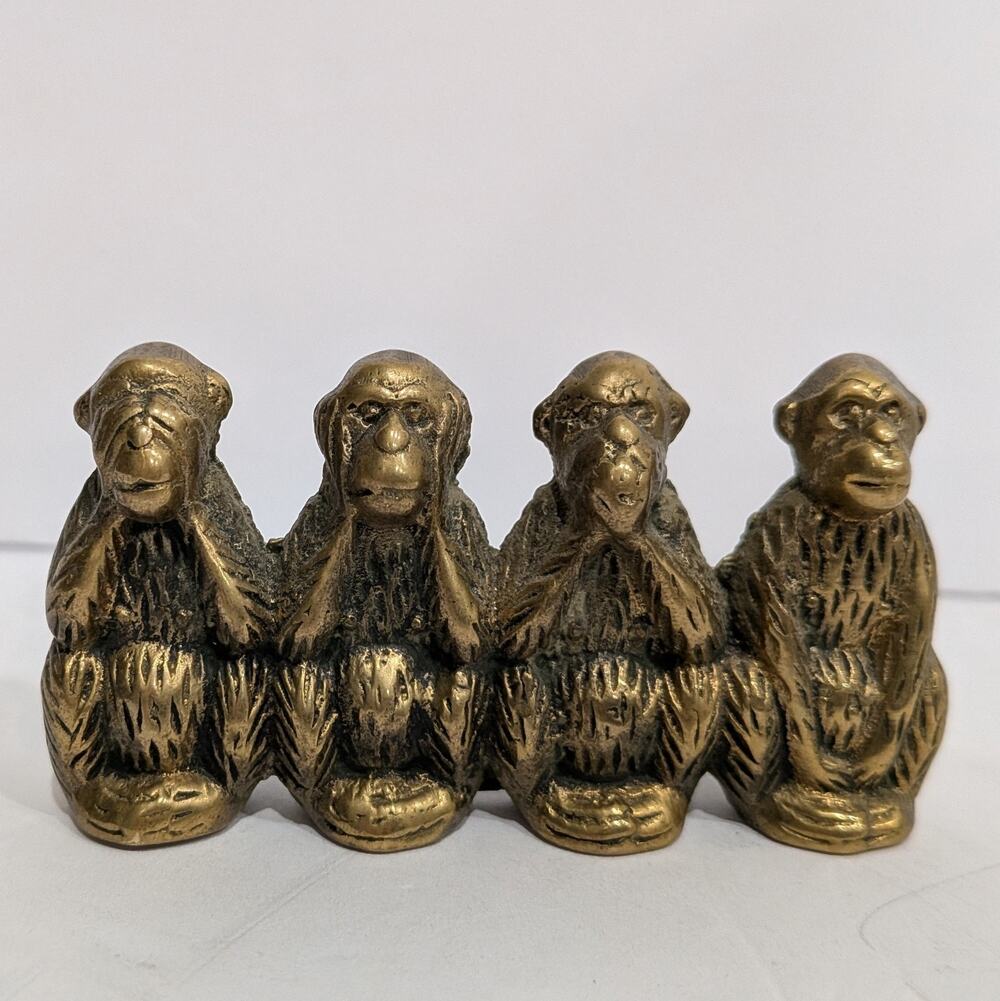 Vintage Solid Brass Four Mini Wise Monkeys Figurine Hear See Speak Do No Evil